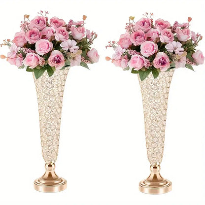 Crystal encrusted gold vases with pink & purple roses dining room decor
