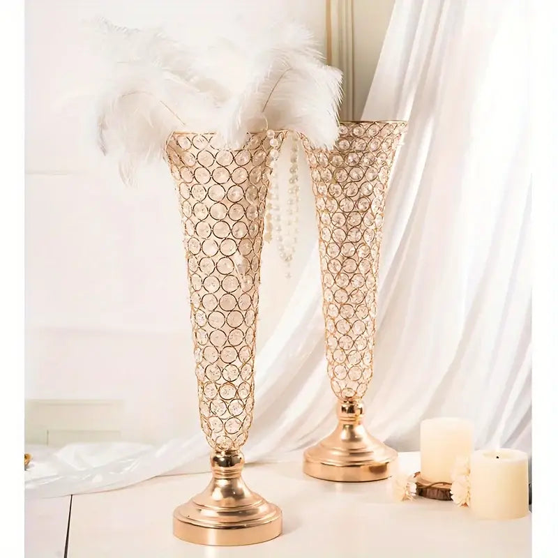 Crystal encrusted gold vases with pink & purple roses dining room decor