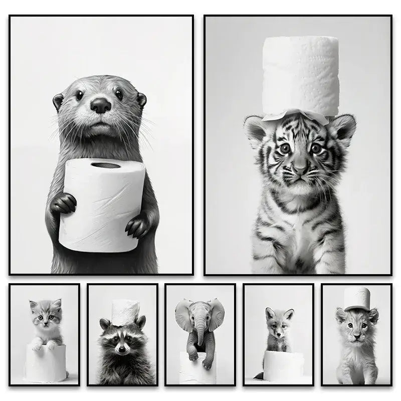 Cute animals canvas framed black & white bathroom wall art set
