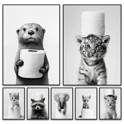 Cute animals canvas framed black & white bathroom wall art set