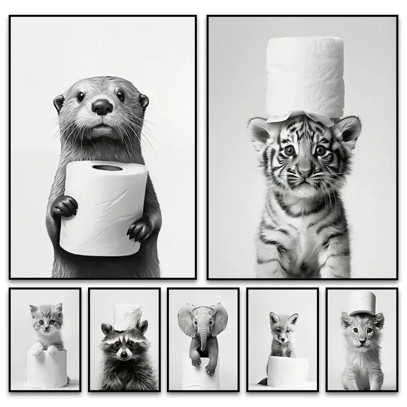 Cute animals canvas framed black & white bathroom wall art set