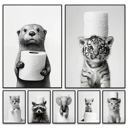 Cute animals canvas framed black & white bathroom wall art set