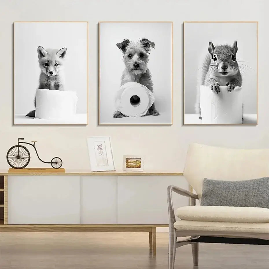 Cute animals canvas framed black & white bathroom wall art set