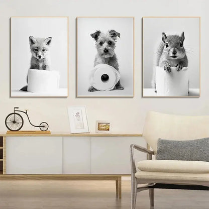 Cute animals canvas framed black & white bathroom wall art set