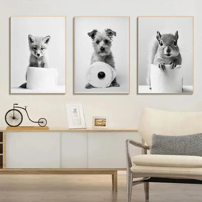 Cute animals canvas framed black & white bathroom wall art set