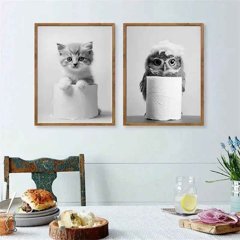 Cute animals canvas framed black & white bathroom wall art set