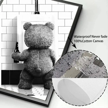 Cute bear bathroom canvas print black and white framed art