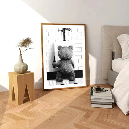 Cute bear bathroom canvas print black and white framed art