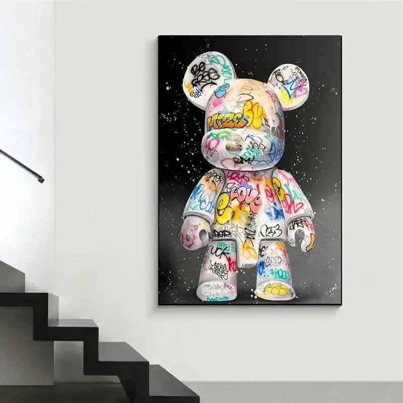 Vibrant graffiti bear canvas print bedroom wall art