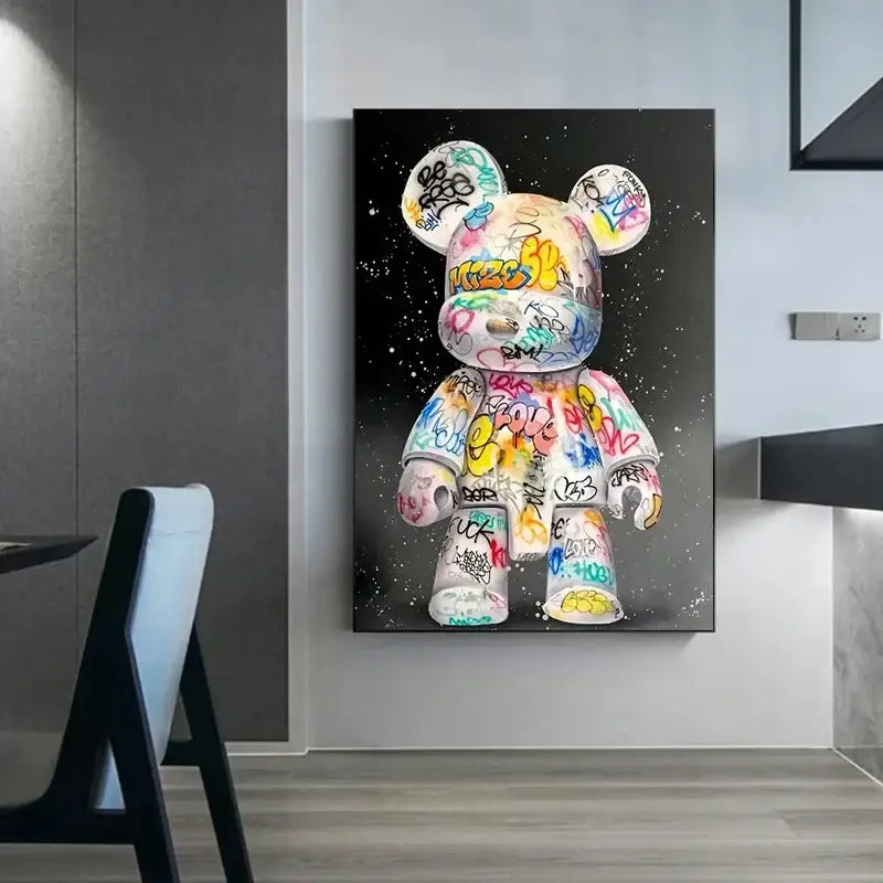 Vibrant graffiti bear canvas print bedroom wall art