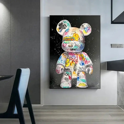 Vibrant graffiti bear canvas print bedroom wall art