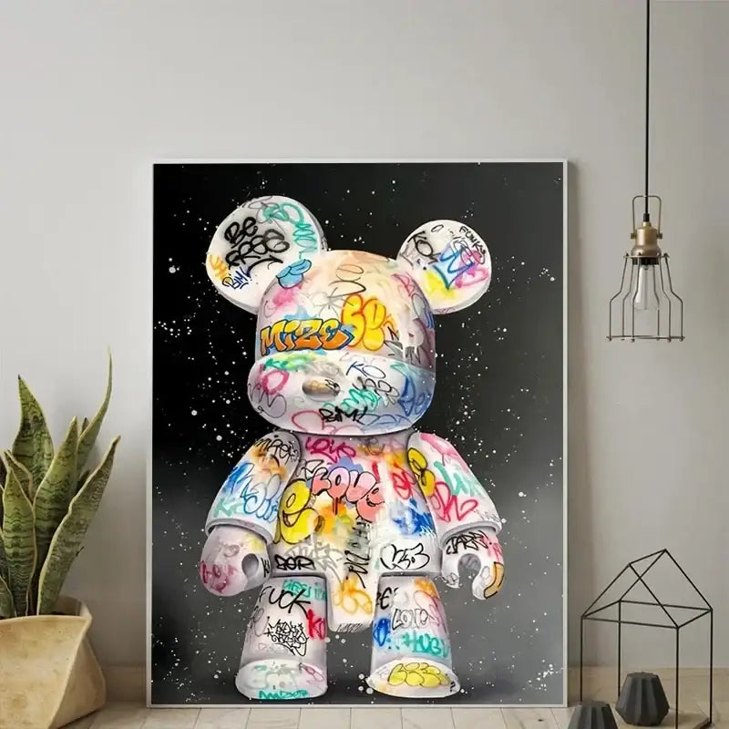 Vibrant graffiti bear canvas print bedroom wall art