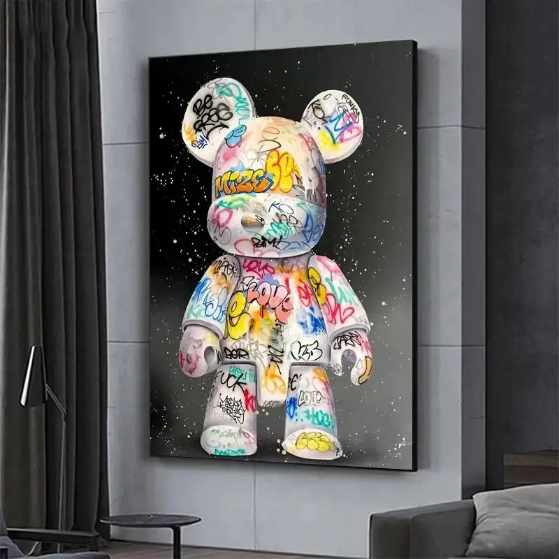 Vibrant graffiti bear canvas print bedroom wall art