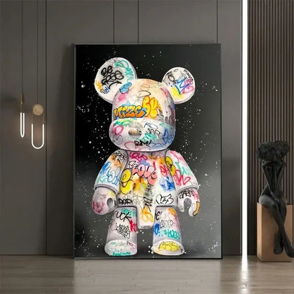 Vibrant graffiti bear canvas print bedroom wall art