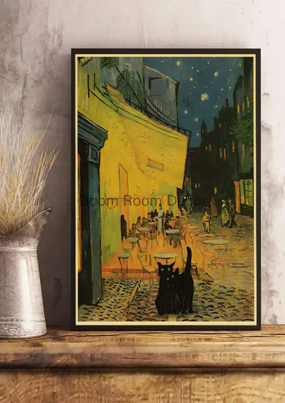 Vintage van gogh style black cute digital cats kraft paper bedroom art