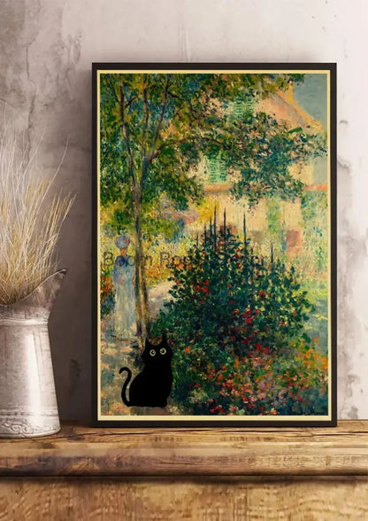Vintage van gogh style black cute digital cats kraft paper bedroom art