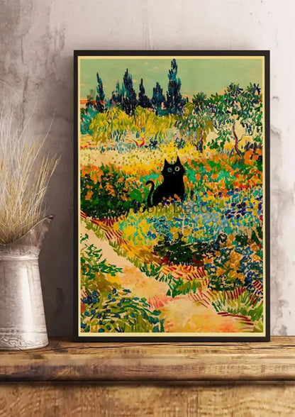 Vintage van gogh style black cute digital cats kraft paper bedroom art