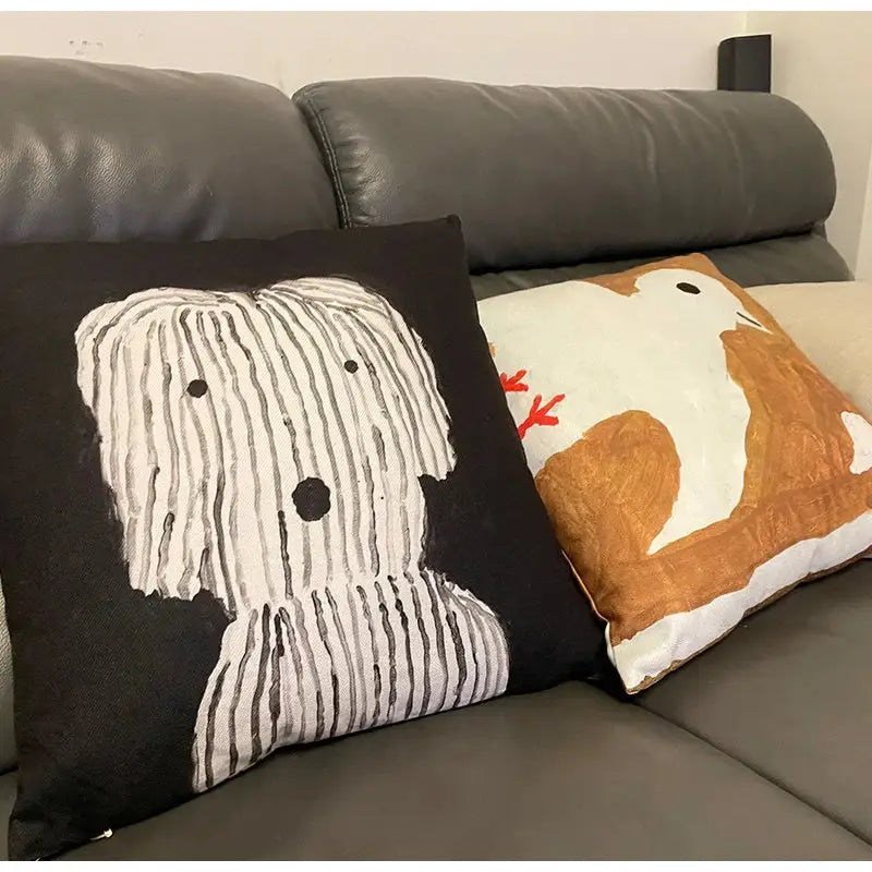 cute dog printed black & white pillow cover living room