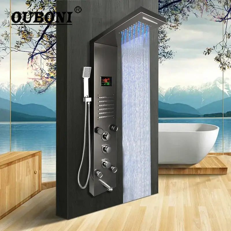 dark grey led shower panel with rainfall spa jets bathroom