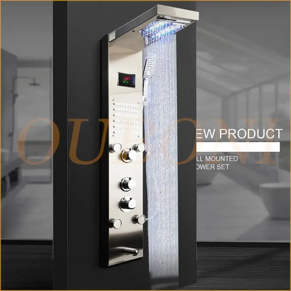 dark grey led shower panel with rainfall spa jets bathroom