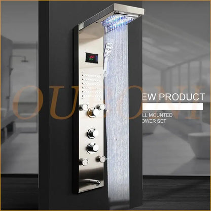 dark grey led shower panel with rainfall spa jets bathroom
