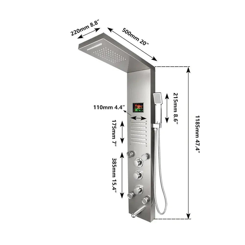 dark grey led shower panel with rainfall spa jets bathroom