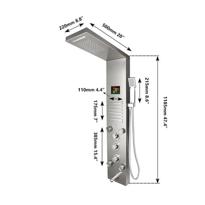 dark grey led shower panel with rainfall spa jets bathroom
