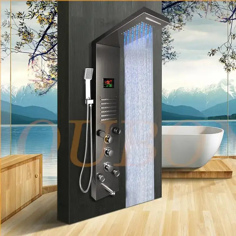 dark grey led shower panel with rainfall spa jets bathroom