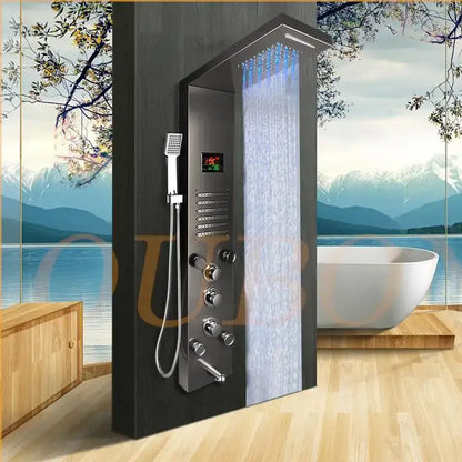 dark grey led shower panel with rainfall spa jets bathroom