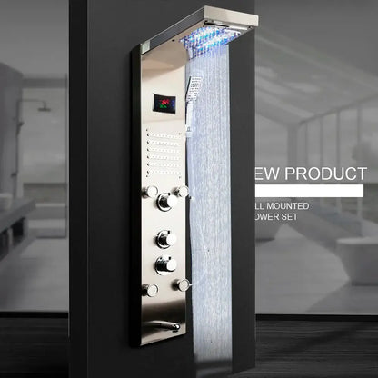 dark grey led shower panel with rainfall spa jets bathroom