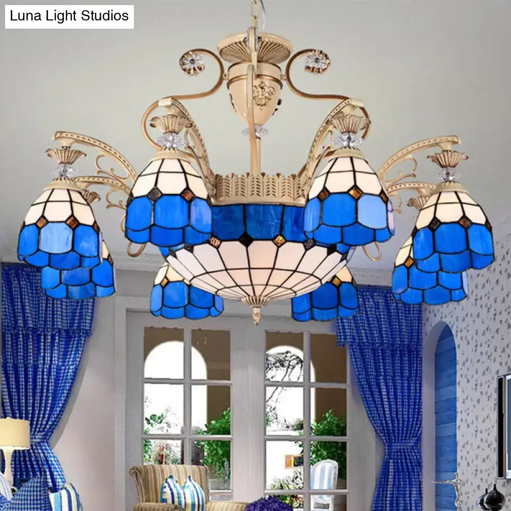 Baroque blue & white stained glass chandelier dining room light fixture