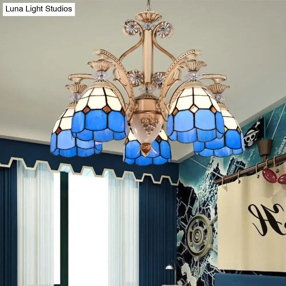 Baroque blue & white stained glass chandelier dining room light fixture