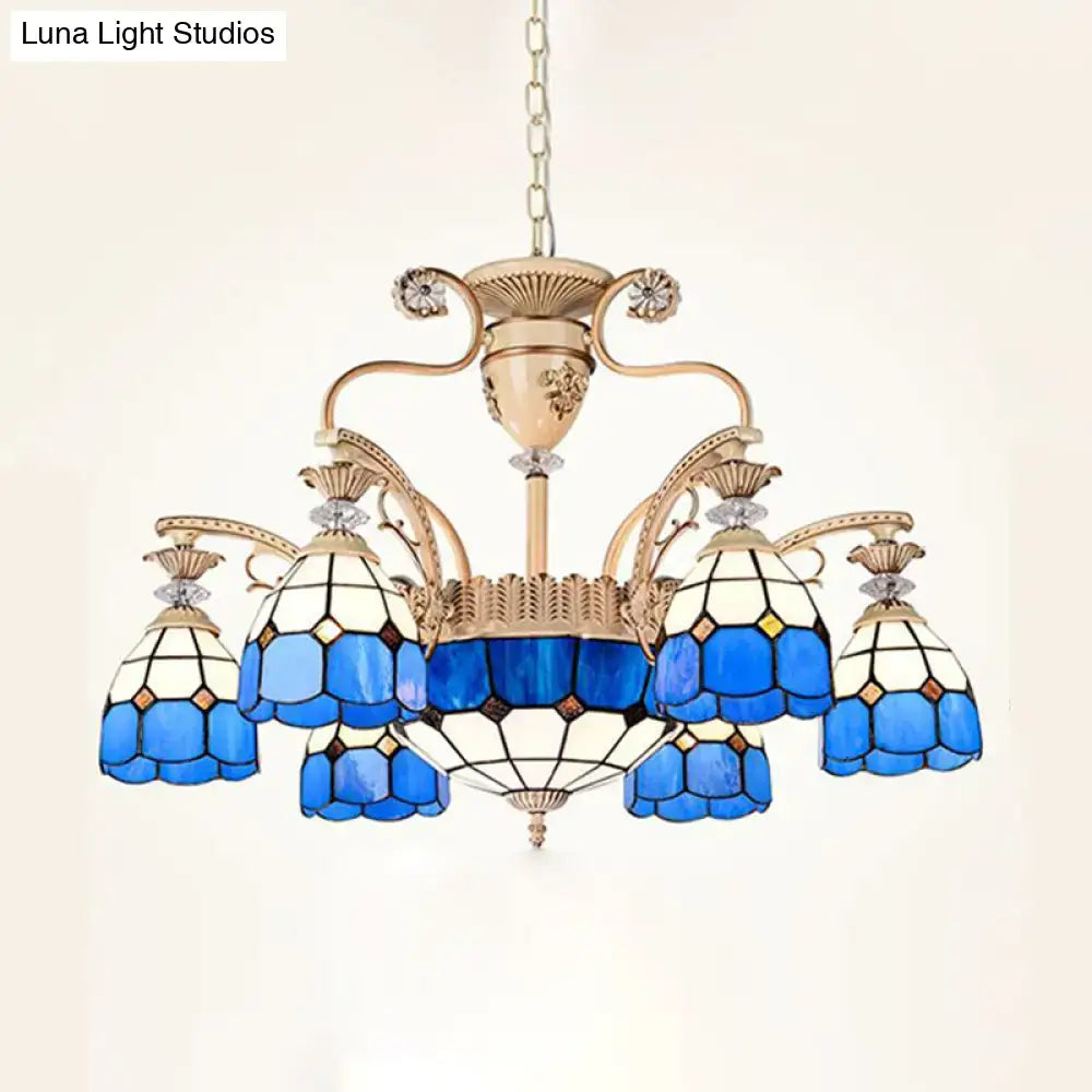 Baroque blue & white stained glass chandelier dining room light fixture