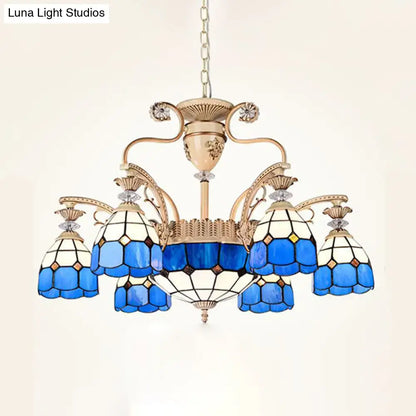 Baroque blue & white stained glass chandelier dining room light fixture