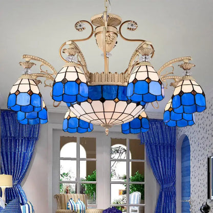 Baroque blue & white stained glass chandelier dining room light fixture