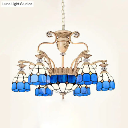 Baroque blue & white stained glass chandelier dining room light fixture