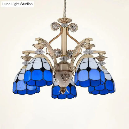 Baroque blue & white stained glass chandelier dining room light fixture