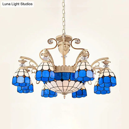 Baroque blue & white stained glass chandelier dining room light fixture
