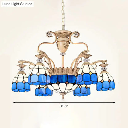 Baroque blue & white stained glass chandelier dining room light fixture