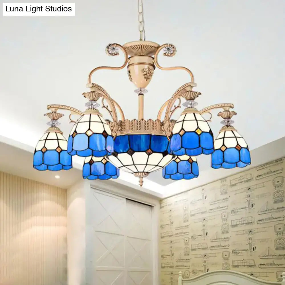 Baroque blue & white stained glass chandelier dining room light fixture