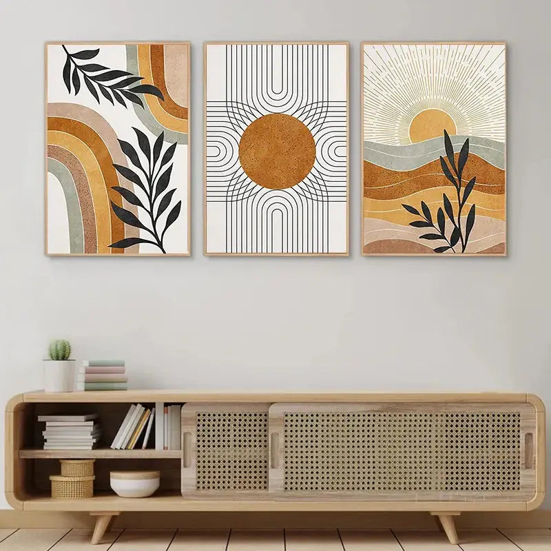Minimalist earthy desert plants geometric sun wall art bedroom set