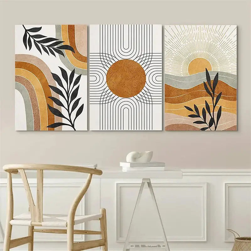 Minimalist earthy desert plants geometric sun wall art bedroom set