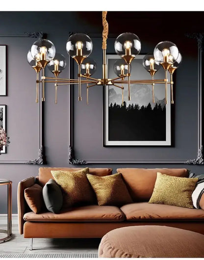 Modern brass designer metal chandelier living room smoked glass globes