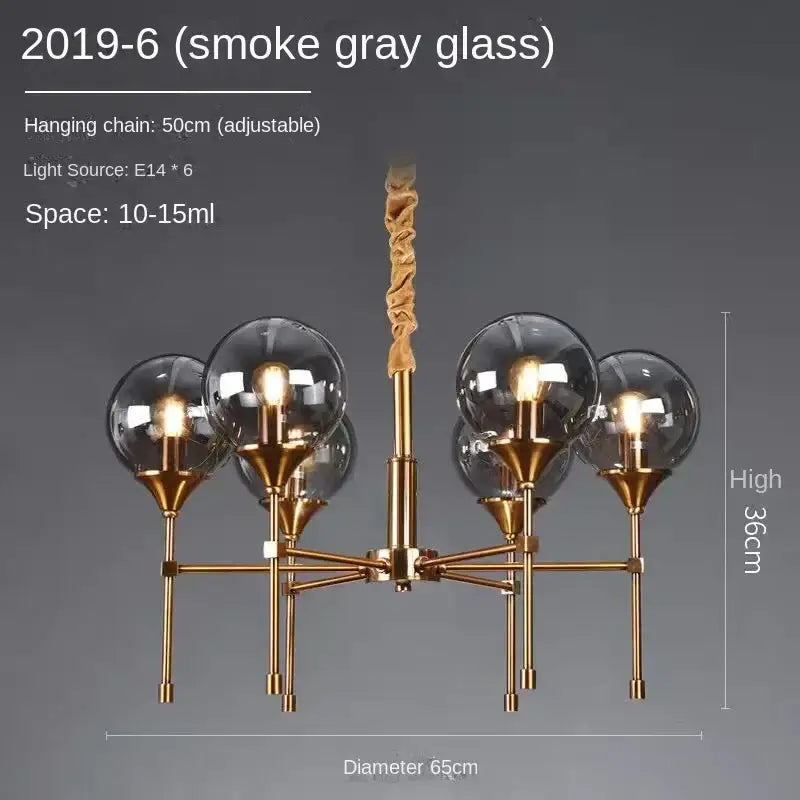 Modern brass designer metal chandelier living room smoked glass globes