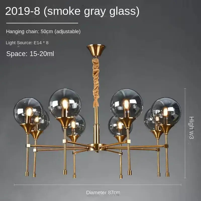Modern brass designer metal chandelier living room smoked glass globes
