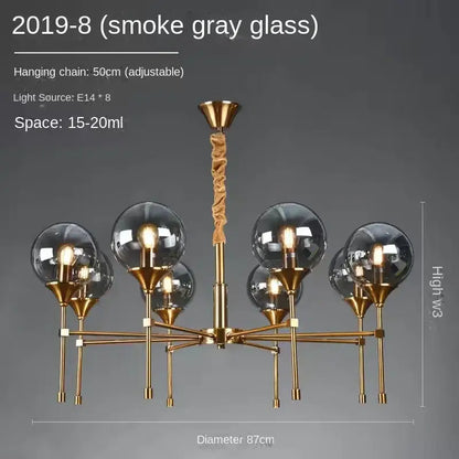 Modern brass designer metal chandelier living room smoked glass globes