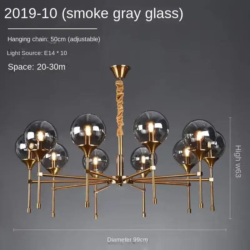 Modern brass designer metal chandelier living room smoked glass globes