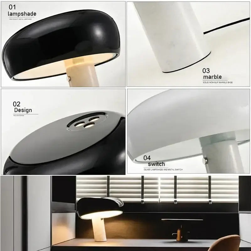 designer mushroom lamp black & white marble study room