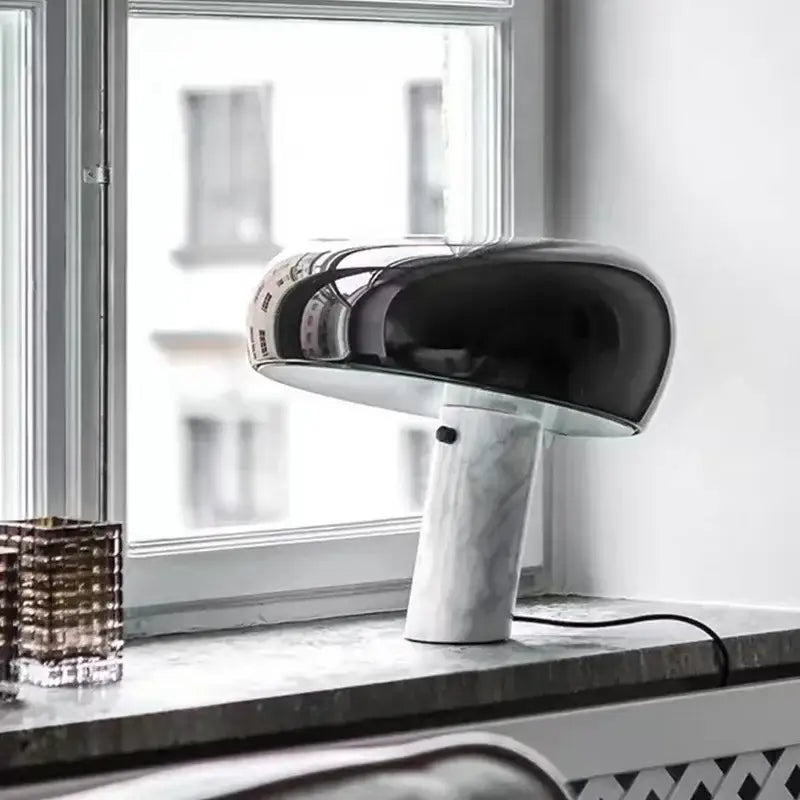 designer mushroom lamp black & white marble study room