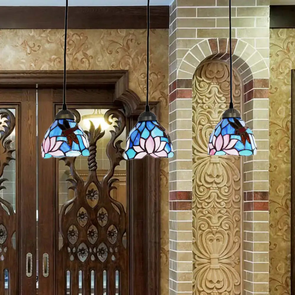 Dragonfly pink & orange art glass dining room pendant light